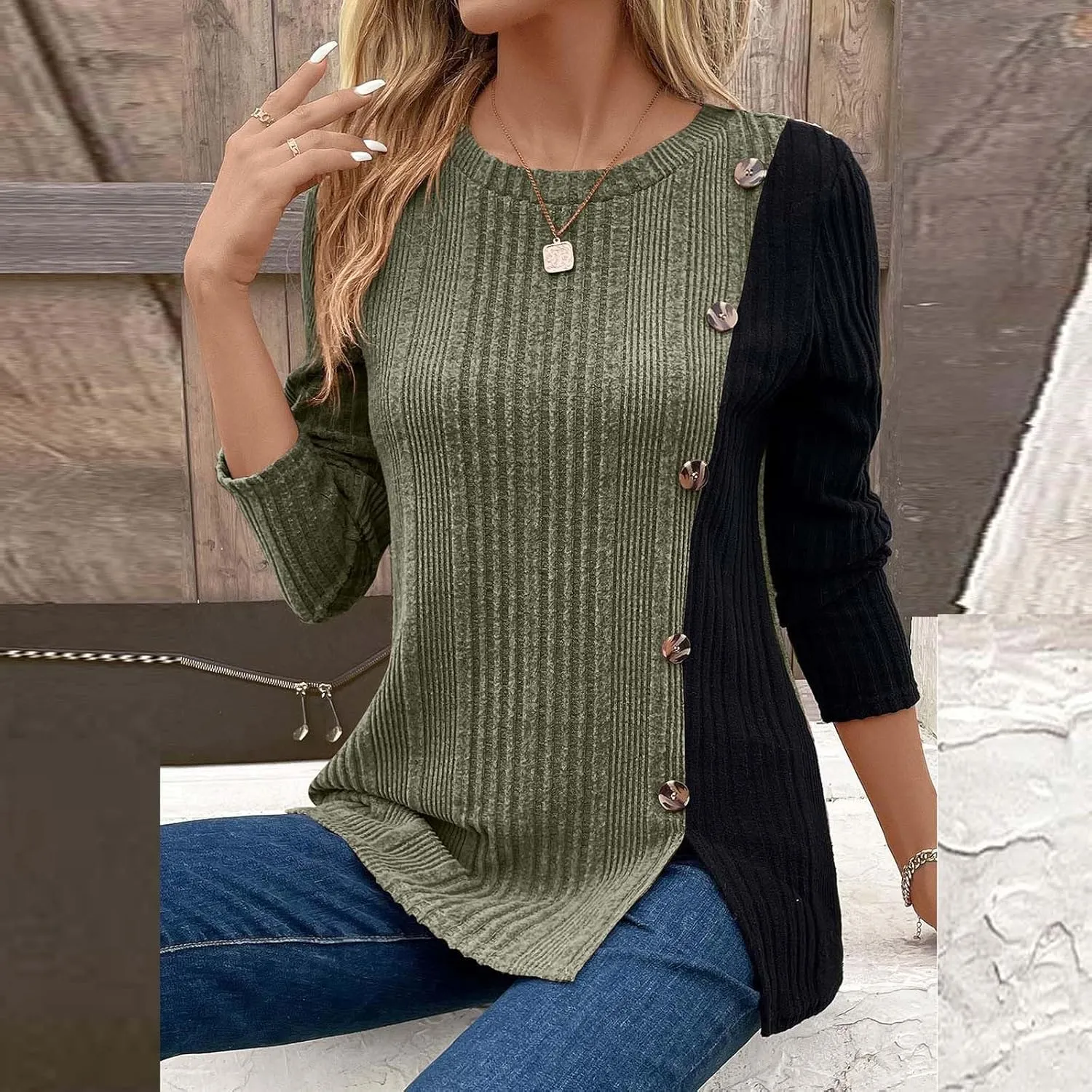 jovati Women's Casual Round Neck Tops Fashion Versatile Color Block Knit Sweater Loose Comfy Solid Long Sleeve Pullover