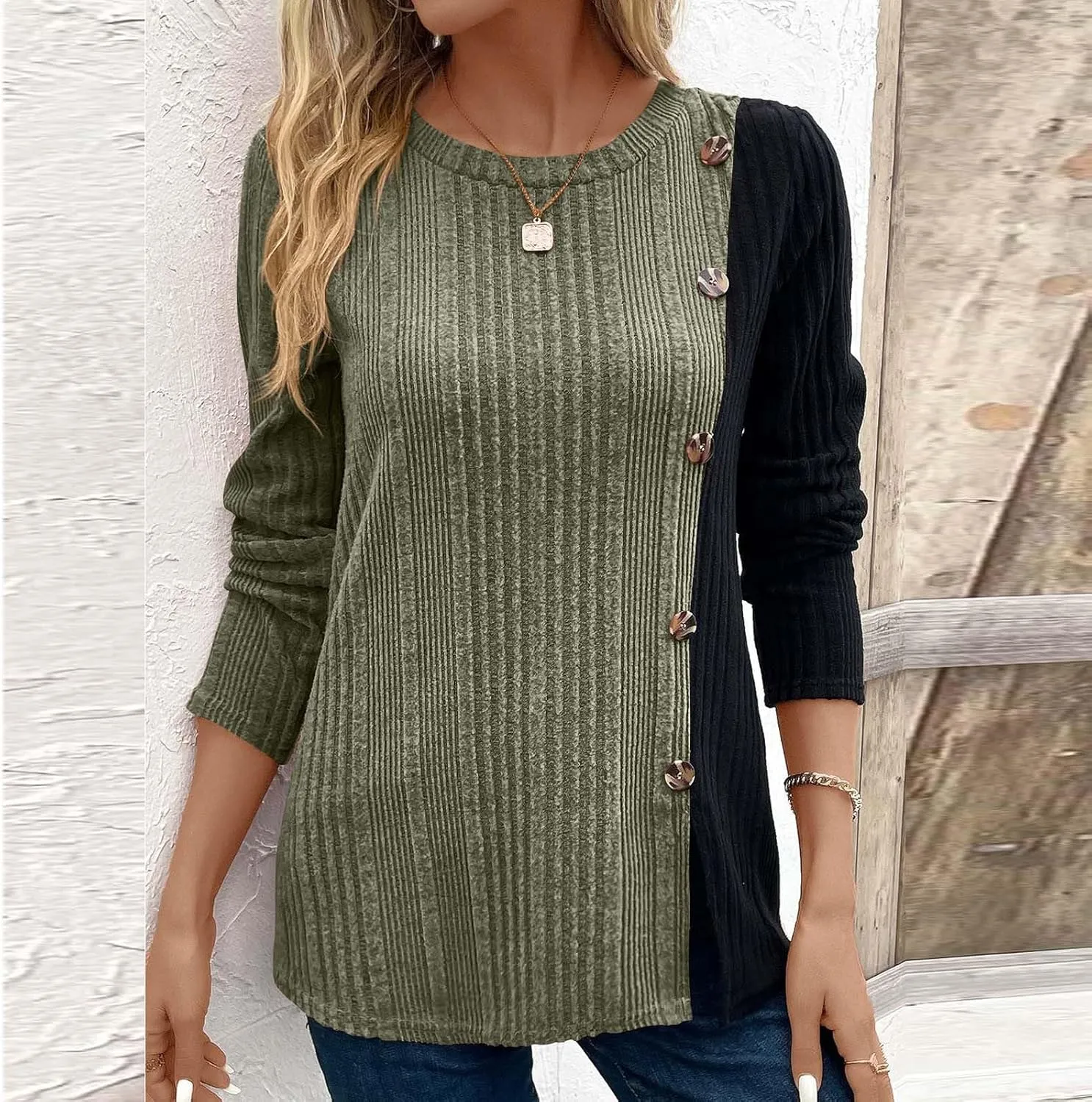 jovati Women's Casual Round Neck Tops Fashion Versatile Color Block Knit Sweater Loose Comfy Solid Long Sleeve Pullover