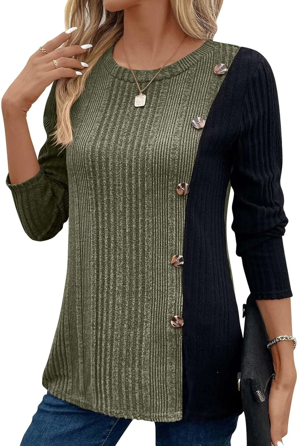 jovati Women's Casual Round Neck Tops Fashion Versatile Color Block Knit Sweater Loose Comfy Solid Long Sleeve Pullover