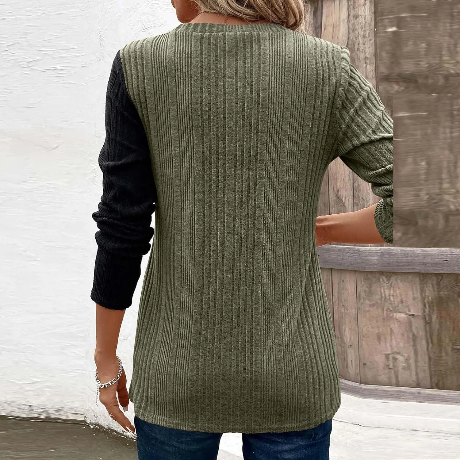 jovati Women's Casual Round Neck Tops Fashion Versatile Color Block Knit Sweater Loose Comfy Solid Long Sleeve Pullover