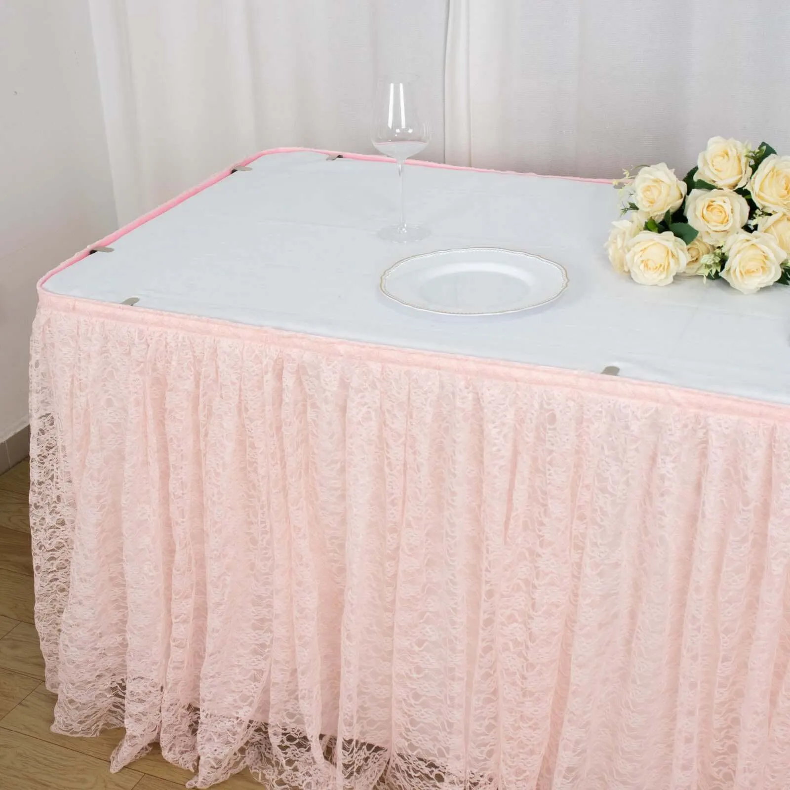 Lace Table Skirt 17ft Blush Premium Pleated - Vintage Style for Parties