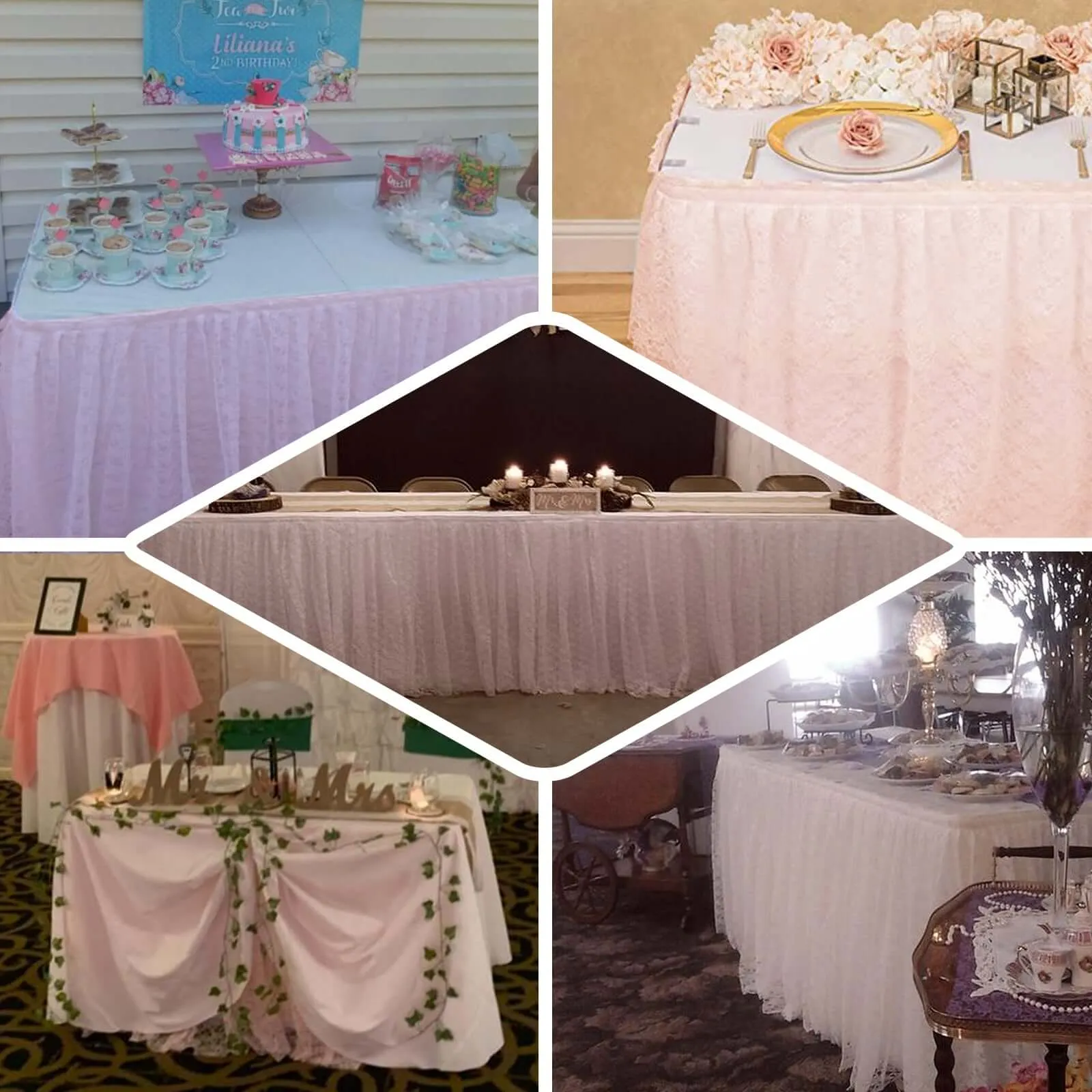Lace Table Skirt 17ft Blush Premium Pleated - Vintage Style for Parties
