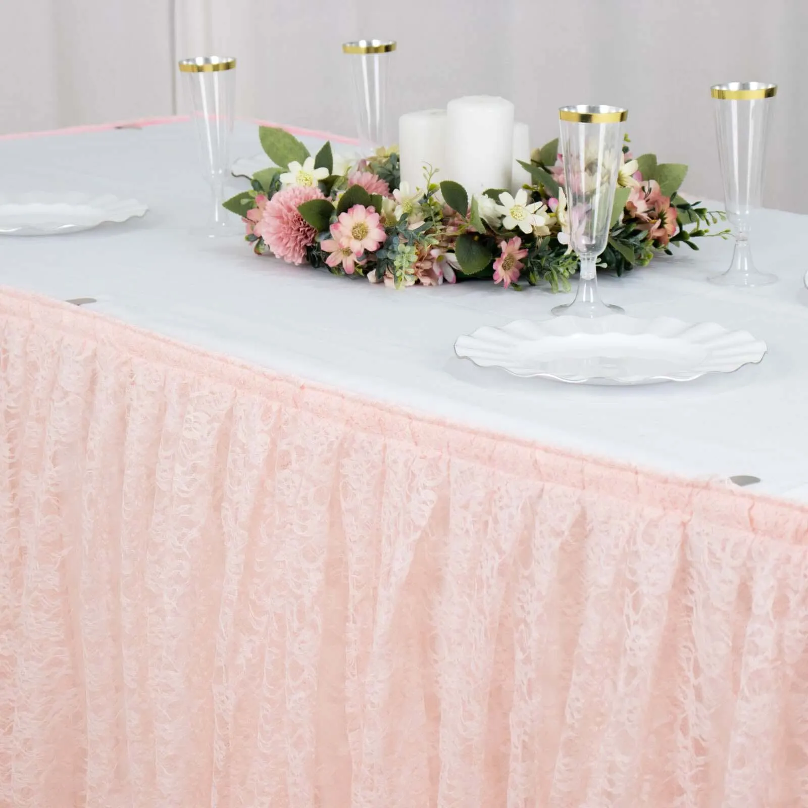 Lace Table Skirt 17ft Blush Premium Pleated - Vintage Style for Parties