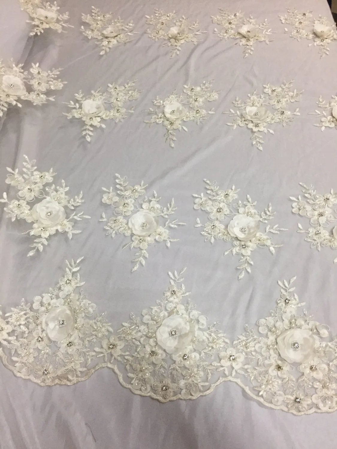 Lavish Ivory 3D flowers embroider and beaded on a mesh lace -Sold by the yard