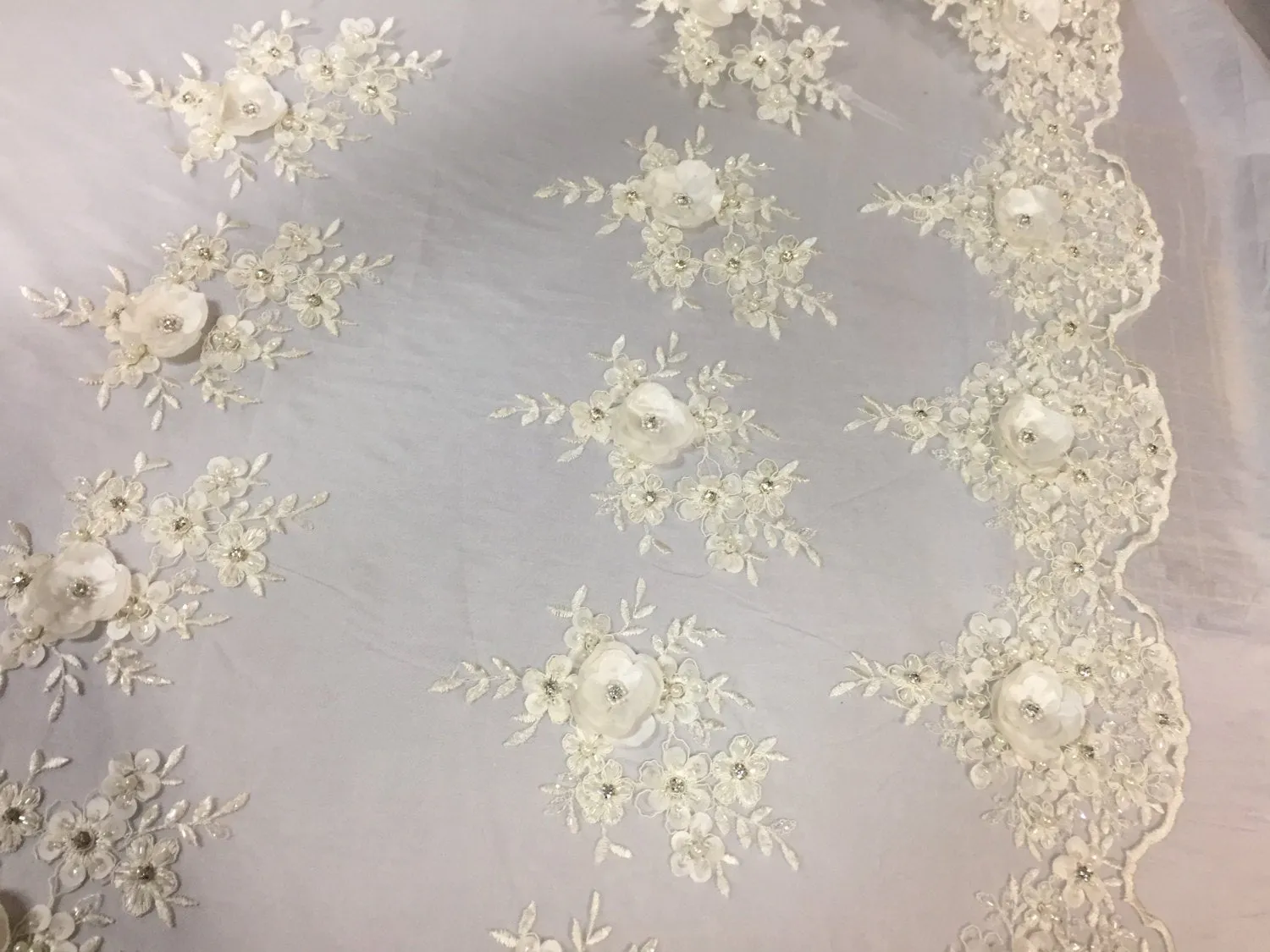 Lavish Ivory 3D flowers embroider and beaded on a mesh lace -Sold by the yard