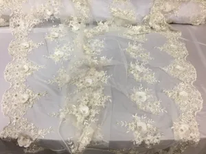 Lavish Ivory 3D flowers embroider and beaded on a mesh lace -Sold by the yard