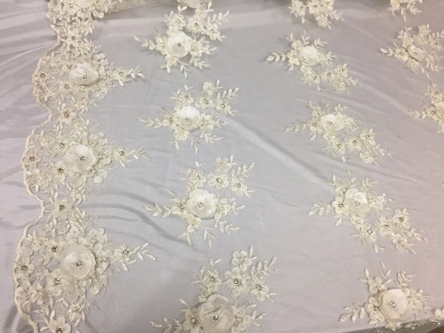 Lavish Ivory 3D flowers embroider and beaded on a mesh lace -Sold by the yard
