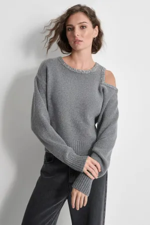 LONG SLEEVE COLD SHOULDER TRIM SWEATER