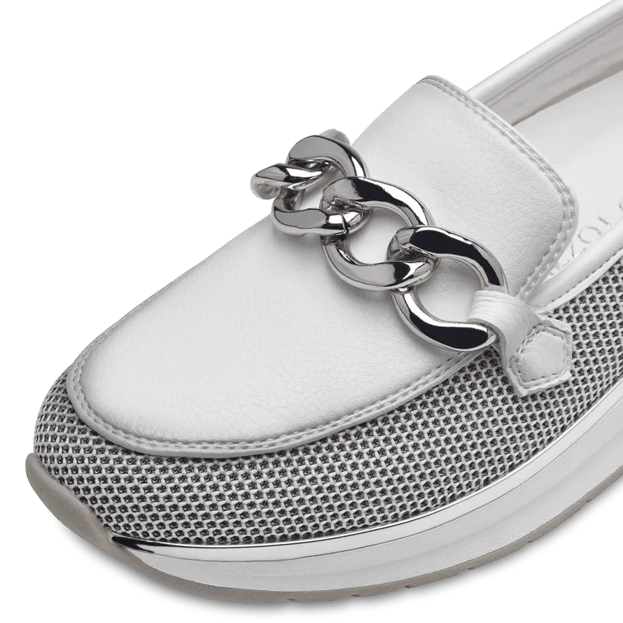 Marco Tozzi White Loafer with Silver Chain Detail and Wedge Sole