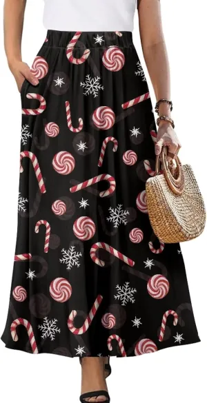 Midi Skirts for Womens Elastic Summer Fall Long Skirts Ultra-Soft Flared Skirts with Pockets Below The Knee Skirts