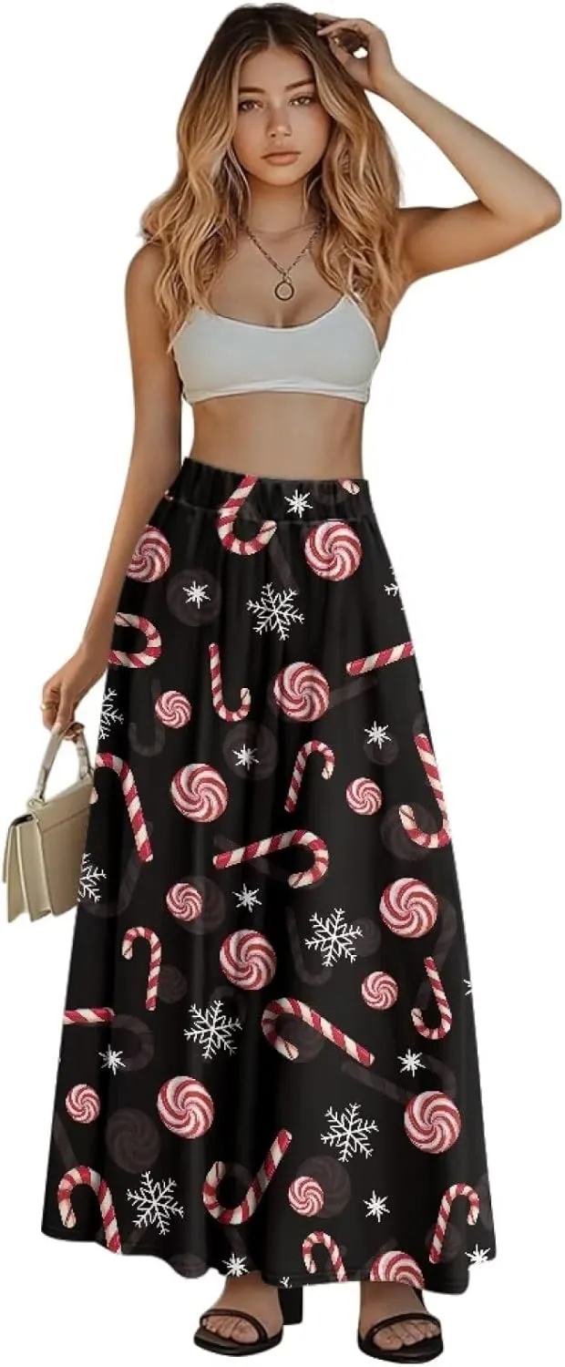 Midi Skirts for Womens Elastic Summer Fall Long Skirts Ultra-Soft Flared Skirts with Pockets Below The Knee Skirts