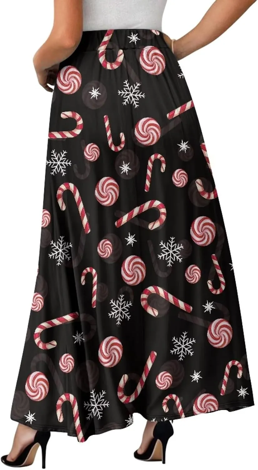 Midi Skirts for Womens Elastic Summer Fall Long Skirts Ultra-Soft Flared Skirts with Pockets Below The Knee Skirts