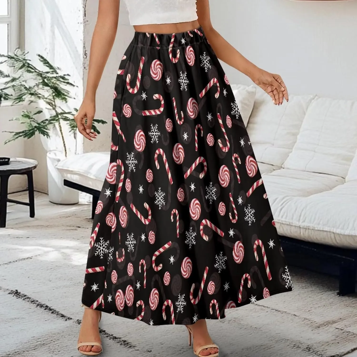 Midi Skirts for Womens Elastic Summer Fall Long Skirts Ultra-Soft Flared Skirts with Pockets Below The Knee Skirts