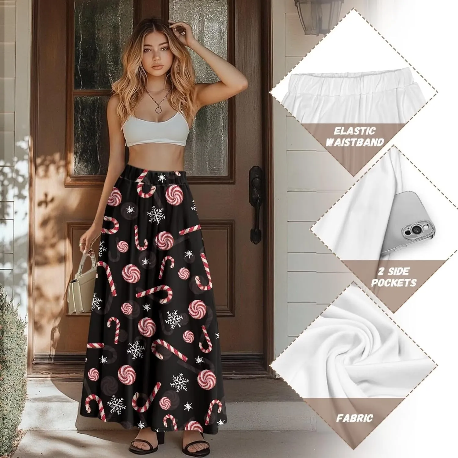 Midi Skirts for Womens Elastic Summer Fall Long Skirts Ultra-Soft Flared Skirts with Pockets Below The Knee Skirts