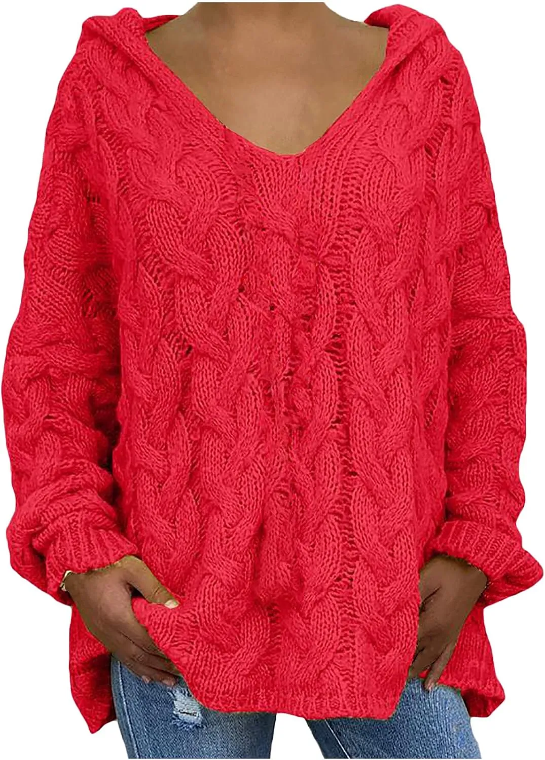 Oversized Sweater for Women, Plus Size Fashion Solid Cable Knit Sweater Hoodie Casual Crewneck Long Sleeve Shirt Top