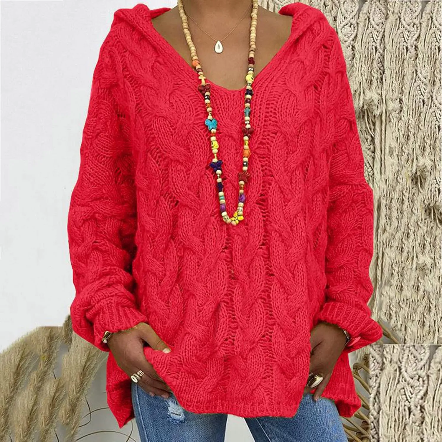 Oversized Sweater for Women, Plus Size Fashion Solid Cable Knit Sweater Hoodie Casual Crewneck Long Sleeve Shirt Top