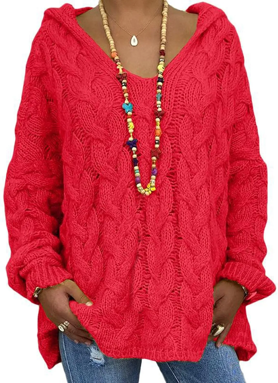 Oversized Sweater for Women, Plus Size Fashion Solid Cable Knit Sweater Hoodie Casual Crewneck Long Sleeve Shirt Top