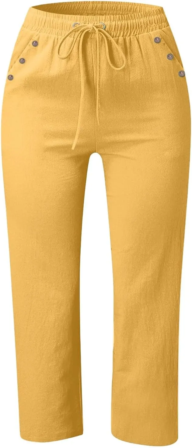Pants for Women Summer 2025 Casual Lounge Pants Cropped Cotton Linen Comfy Drawstring Baggy Trousers with Pockets