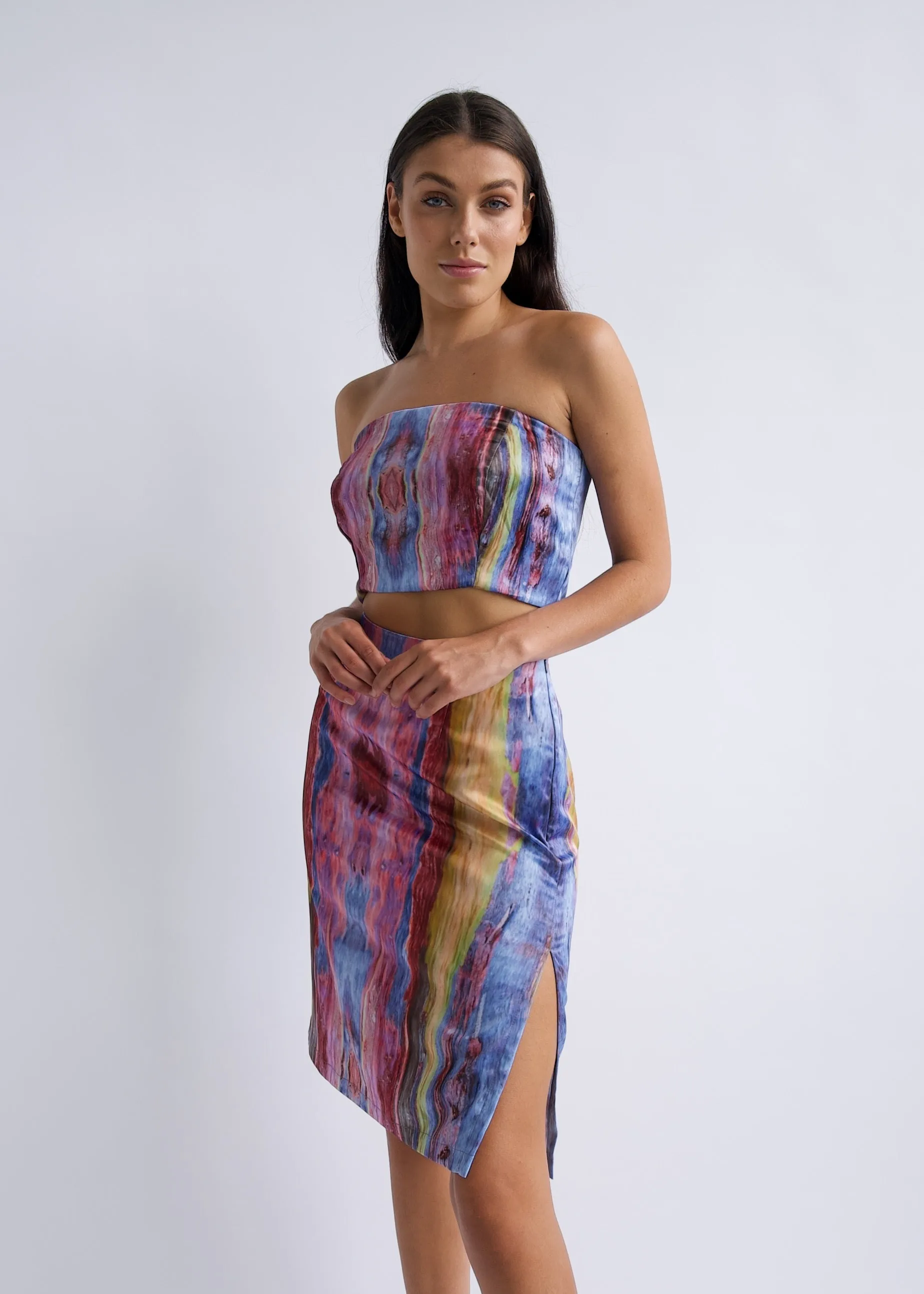 Pencil Skirt Printed Satin and Crop Top Set "Mandu"