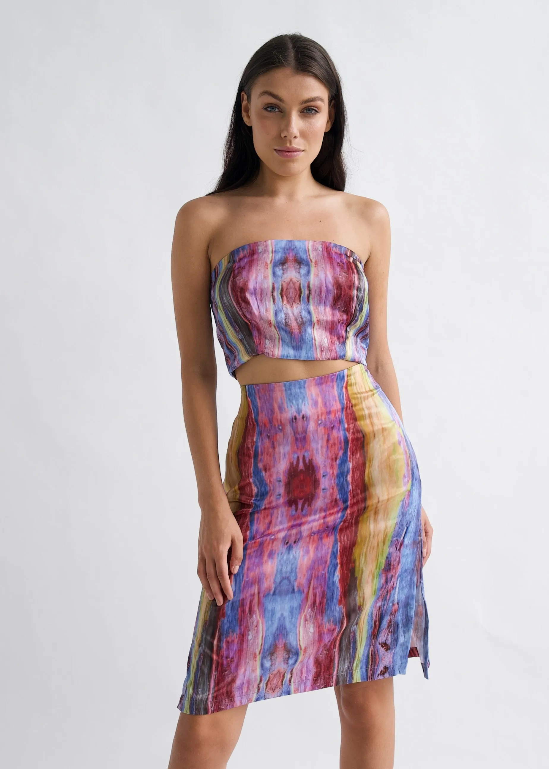 Pencil Skirt Printed Satin and Crop Top Set "Mandu"