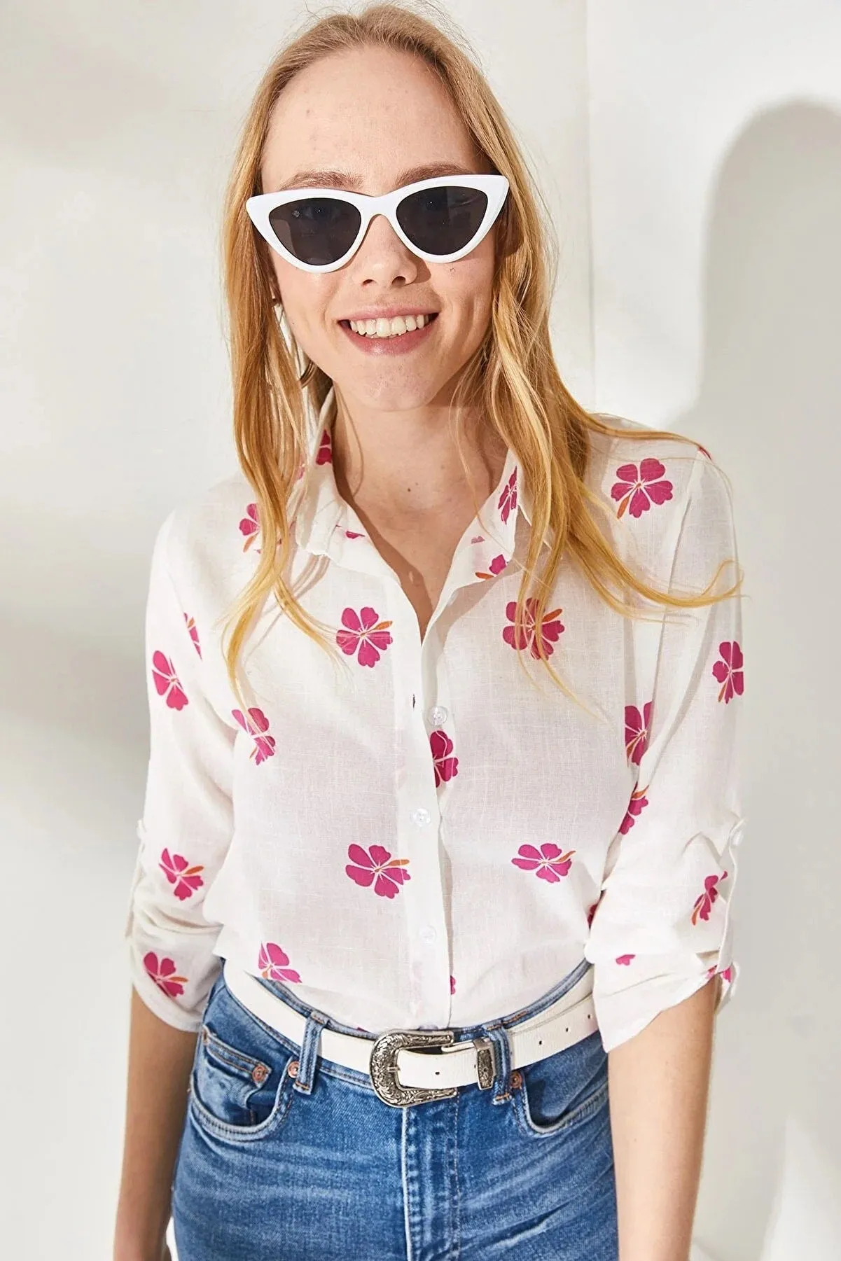 Pink Clover Linen Long Sleeve Blouse
