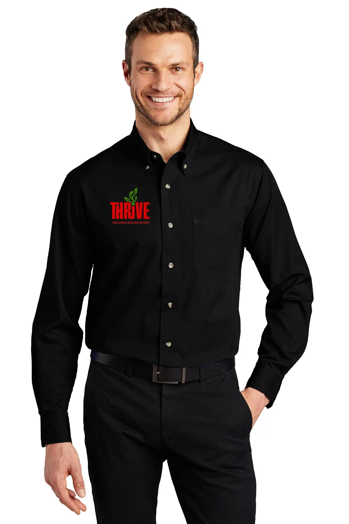 Port Authority® Long Sleeve Twill Shirt black screen printed