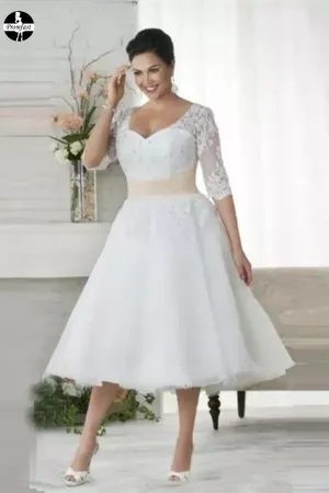 Promfast Chic Tea Length Wedding Dresses A-line Half Sleeve V neck Lace Wedding Dress PFM0017