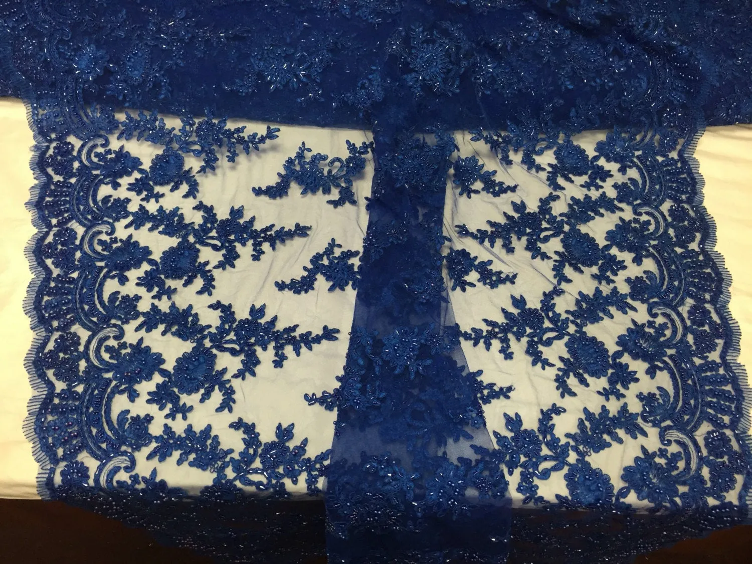 Royal Blue appealing flower design embroider and beaded on a mesh lace-prom-nightgown-decorations-dresses-Sold by the yard.