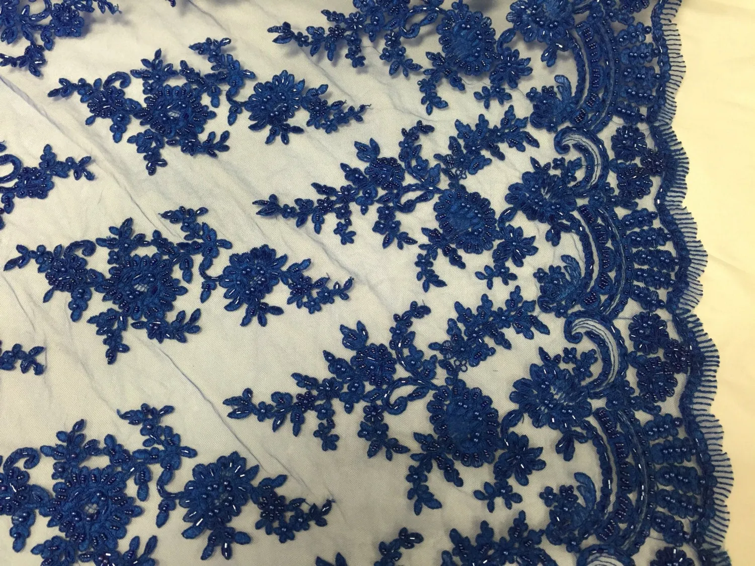 Royal Blue appealing flower design embroider and beaded on a mesh lace-prom-nightgown-decorations-dresses-Sold by the yard.