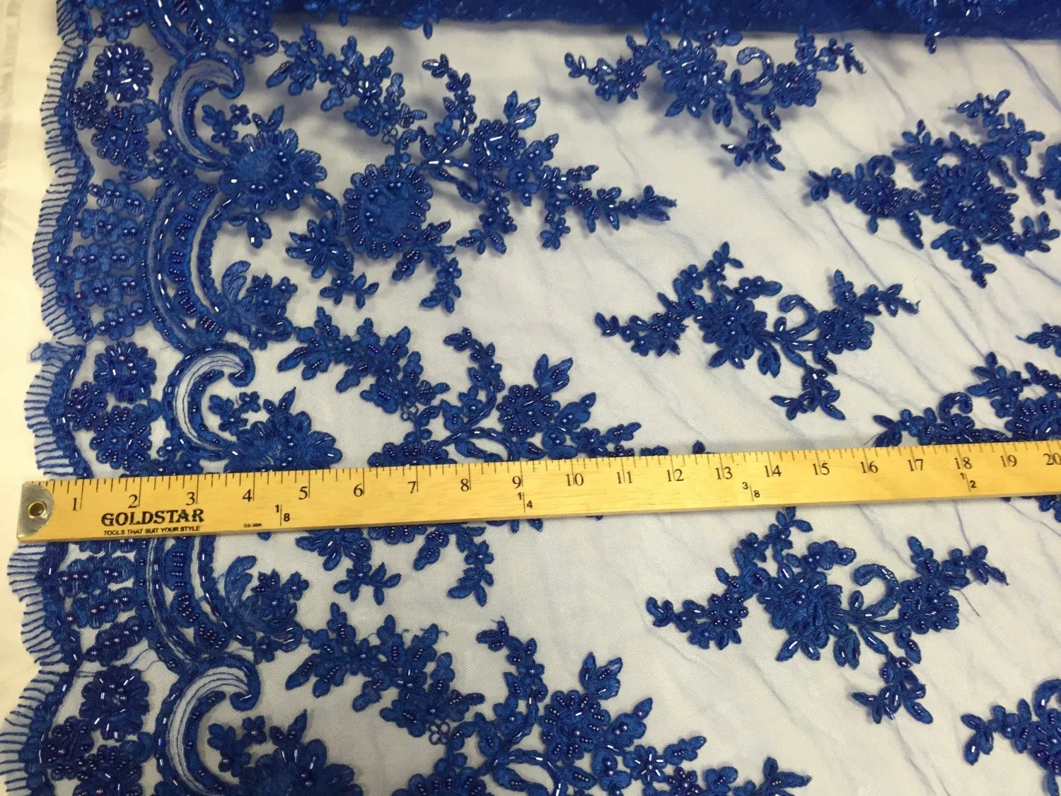 Royal Blue appealing flower design embroider and beaded on a mesh lace-prom-nightgown-decorations-dresses-Sold by the yard.