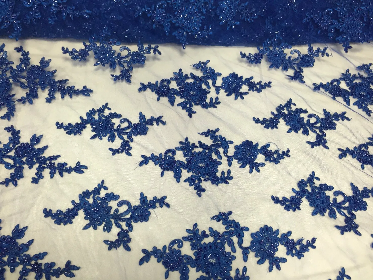 Royal Blue appealing flower design embroider and beaded on a mesh lace-prom-nightgown-decorations-dresses-Sold by the yard.