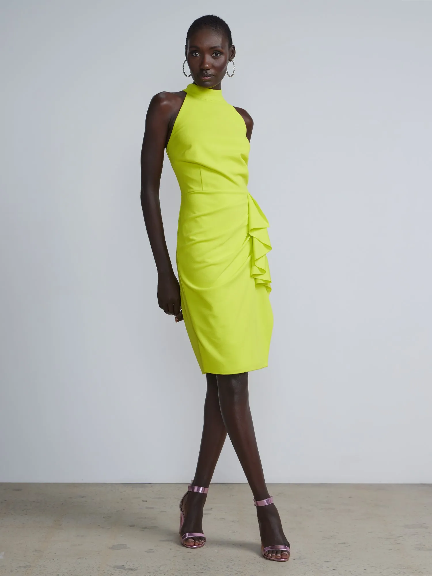 Ruffle Front Halter Neck Sheath Dress