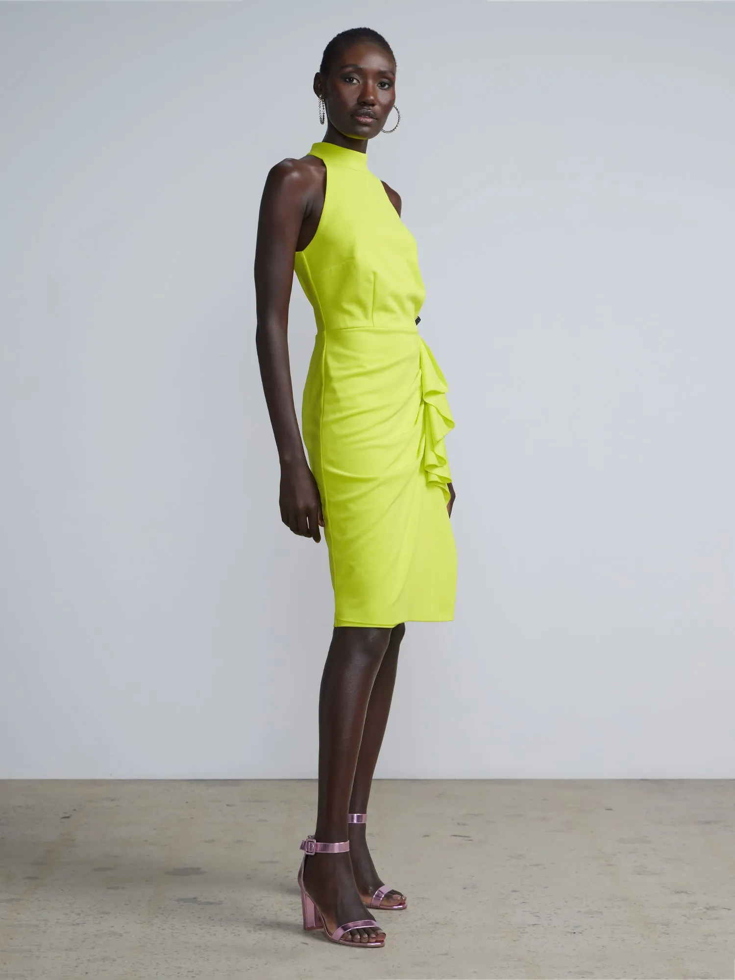 Ruffle Front Halter Neck Sheath Dress