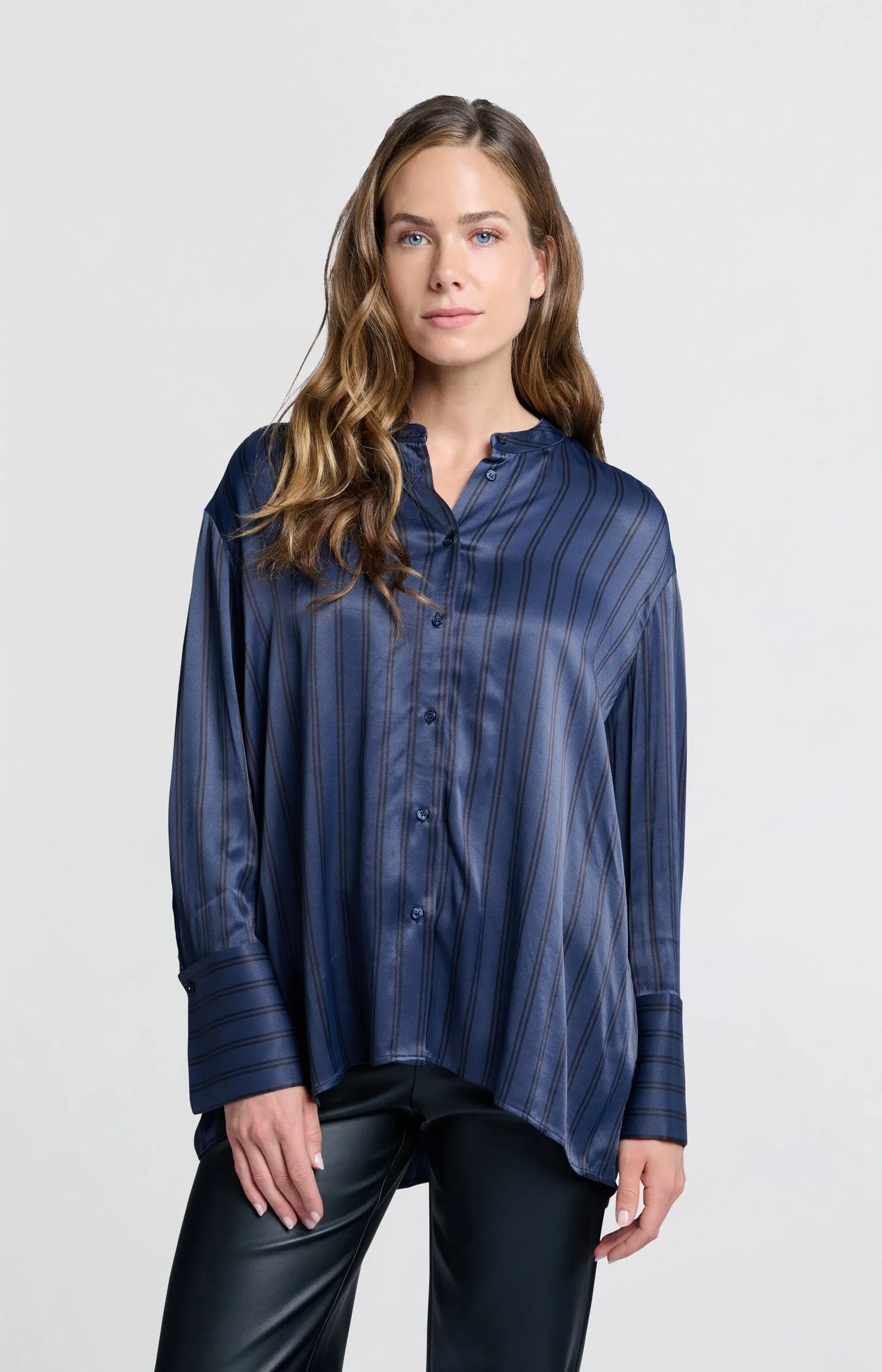 Satin blouse with stripes and high round collar
