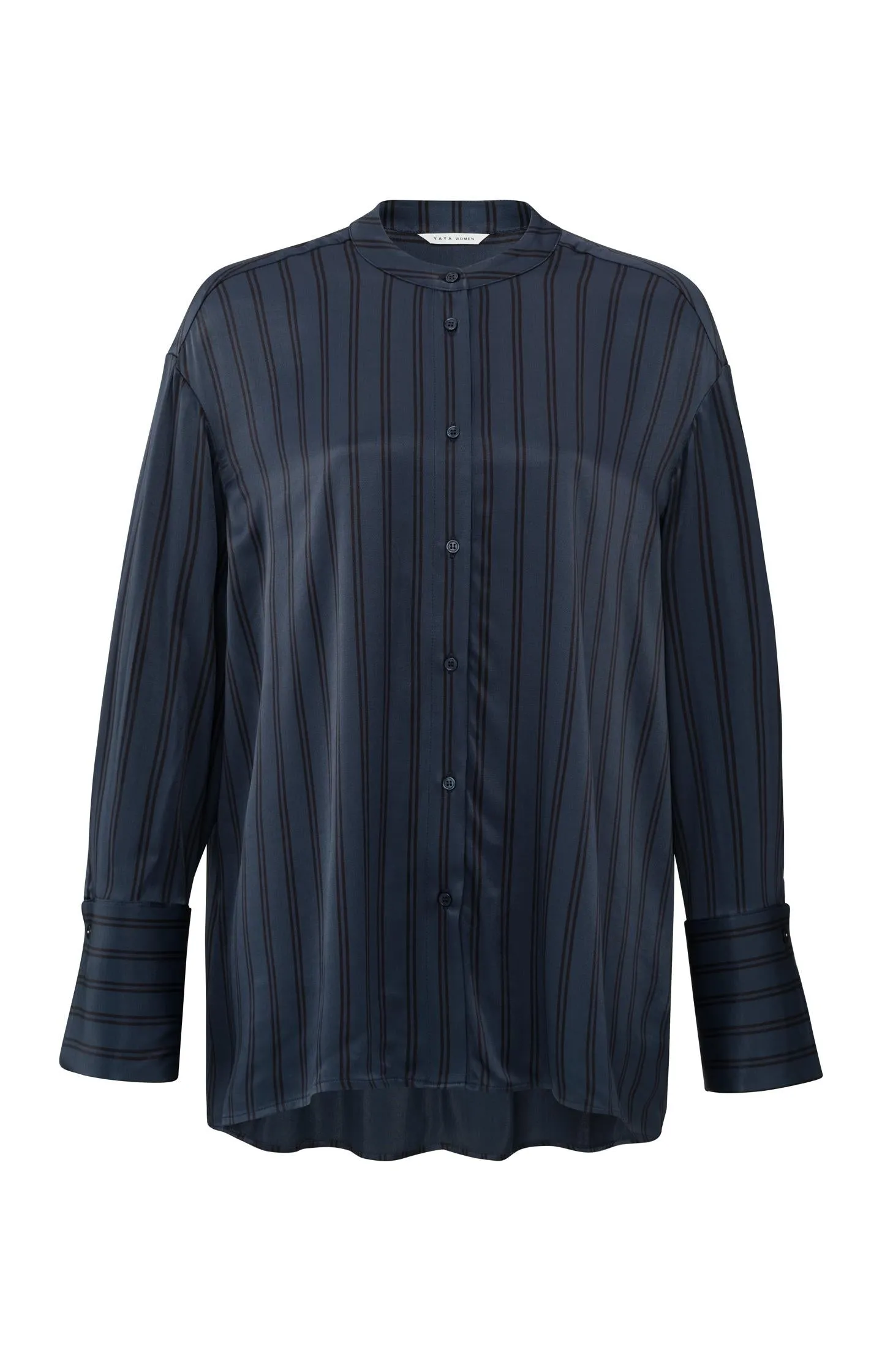 Satin blouse with stripes and high round collar