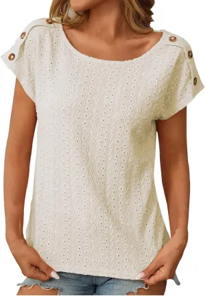 Short Sleeve Shirt Womens Round Neck Eyelet Embroidery Tee Blouse Hollow Out Going Out Basic Casual Loose Tops