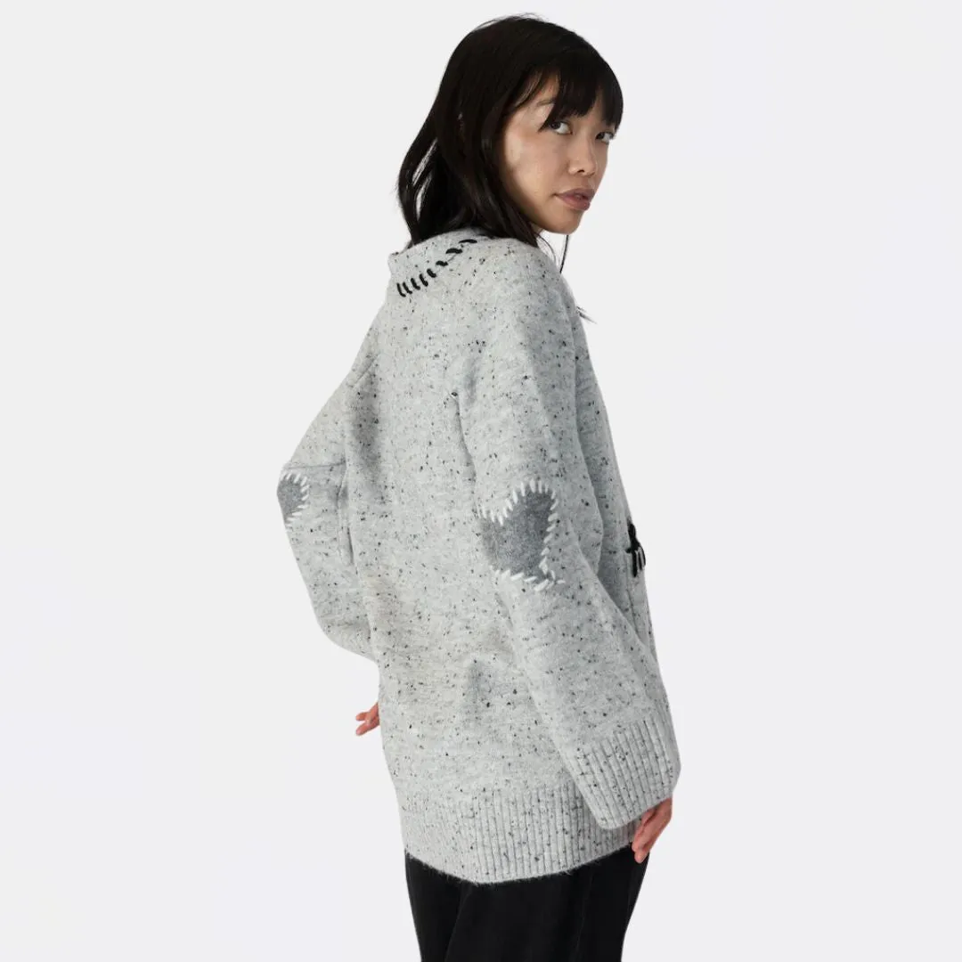 Shyla Long Cardigan with Elbow Heart Patches (Light Grey Fleck)