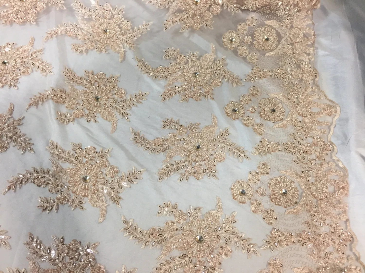 Skin imperial design embroider and beaded on a mesh lace -Sold by the yard