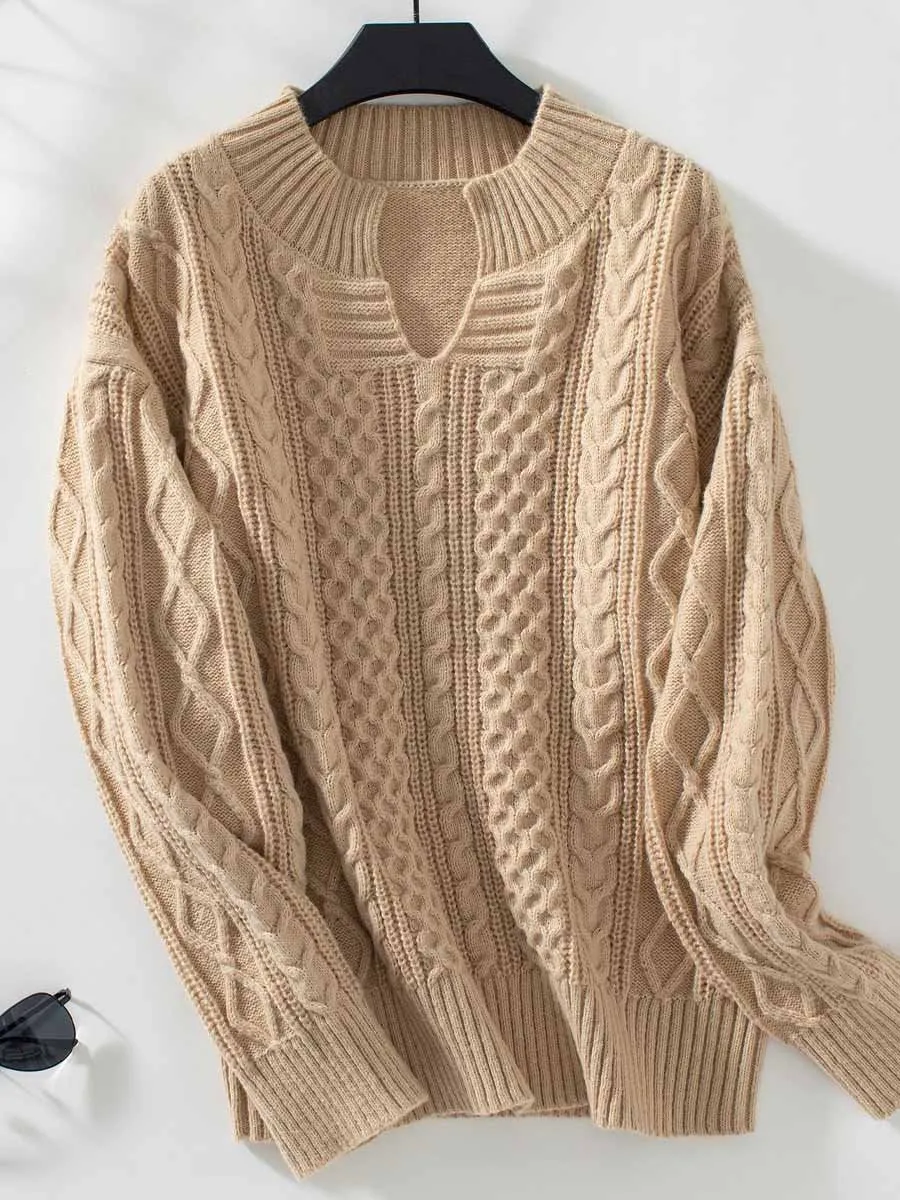 Solid Color Long Sleeve Cable Knit Sweater