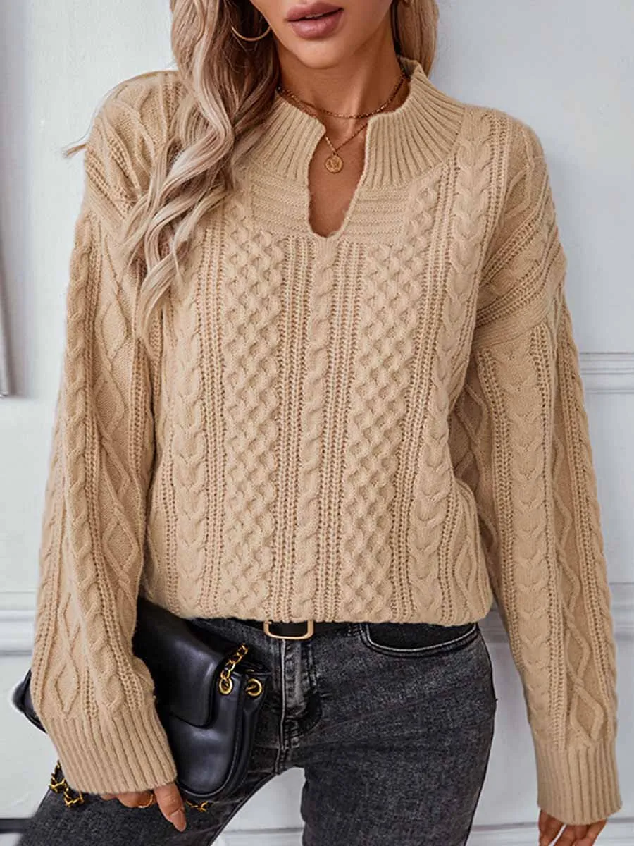 Solid Color Long Sleeve Cable Knit Sweater