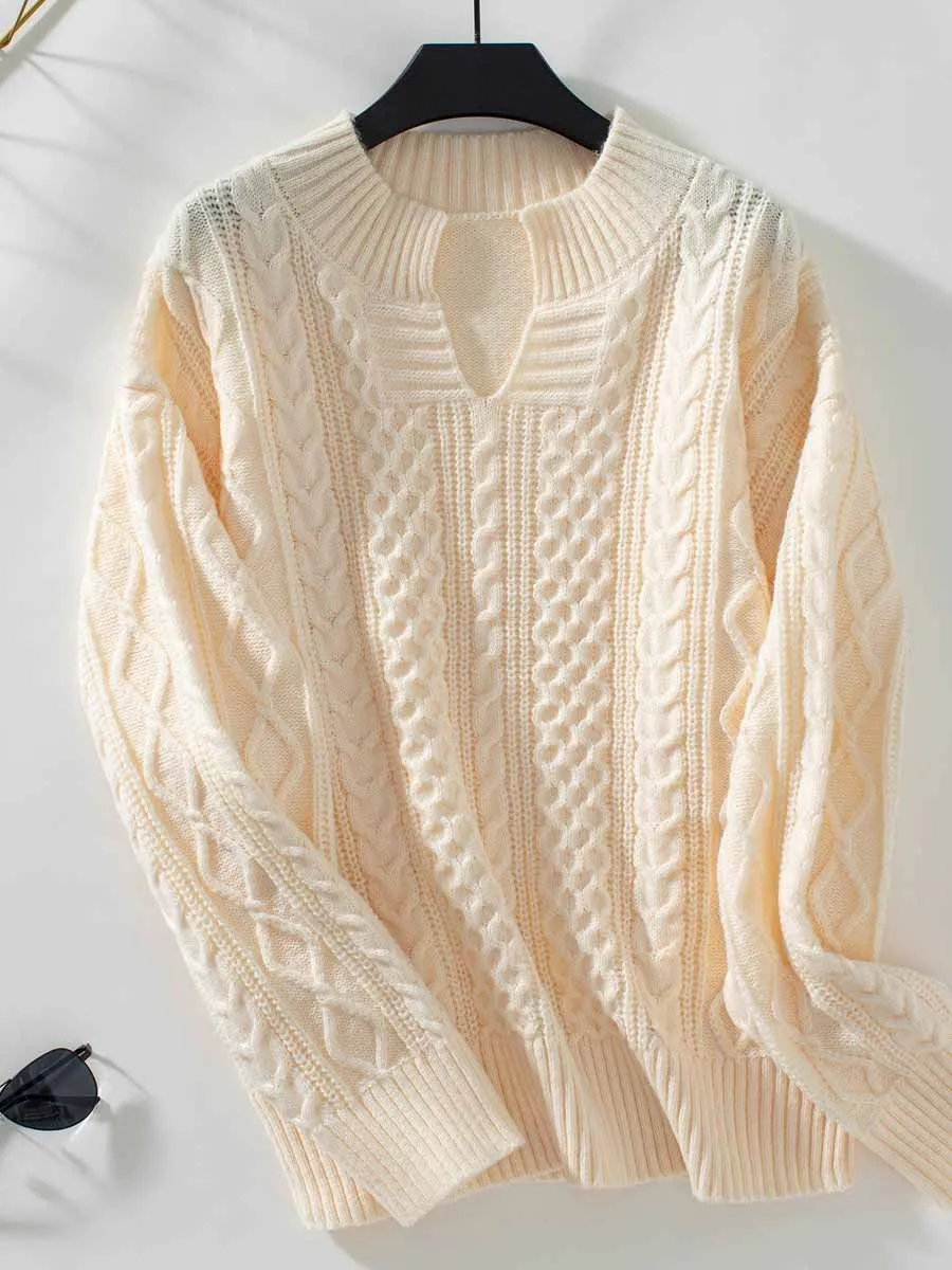 Solid Color Long Sleeve Cable Knit Sweater