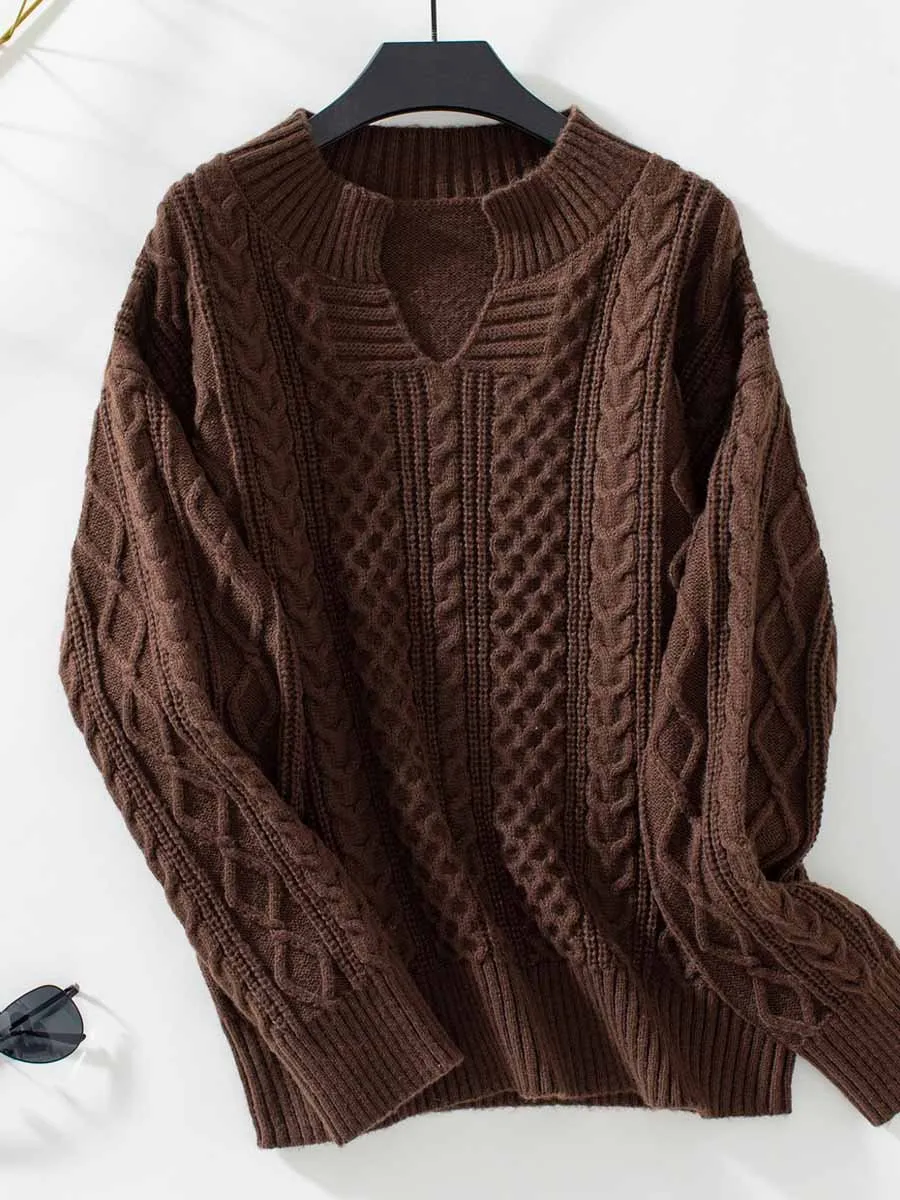 Solid Color Long Sleeve Cable Knit Sweater