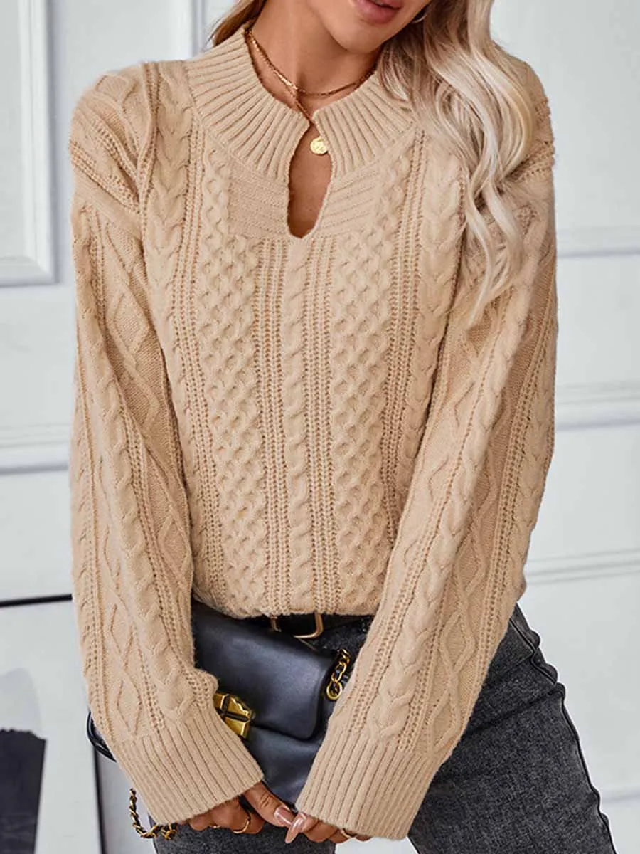 Solid Color Long Sleeve Cable Knit Sweater