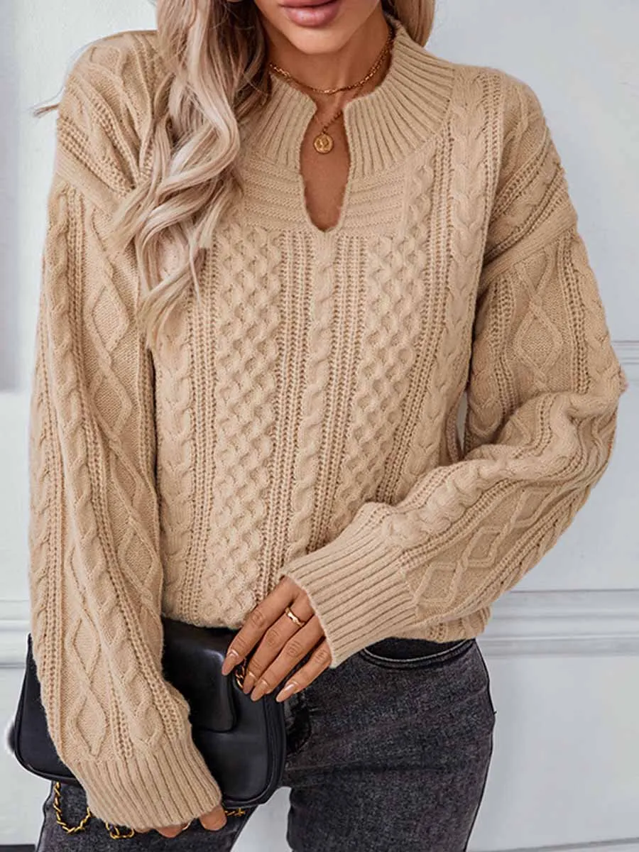 Solid Color Long Sleeve Cable Knit Sweater