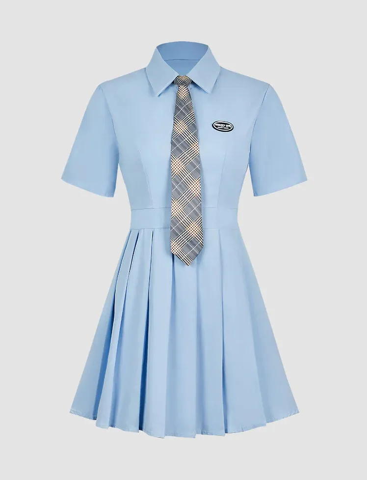 Solid Pleated Shirt Dress with Tie