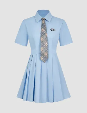 Solid Pleated Shirt Dress with Tie