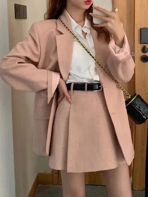 srczz Korean Fashion Women Vintage Chic Blazer Two Pieces Set Casual Loose Jackets Coat Mini Skirts Suit Female Elegant Formal Outfits