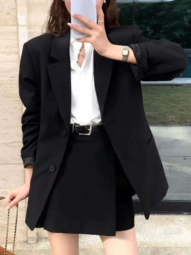 srczz Korean Fashion Women Vintage Chic Blazer Two Pieces Set Casual Loose Jackets Coat Mini Skirts Suit Female Elegant Formal Outfits