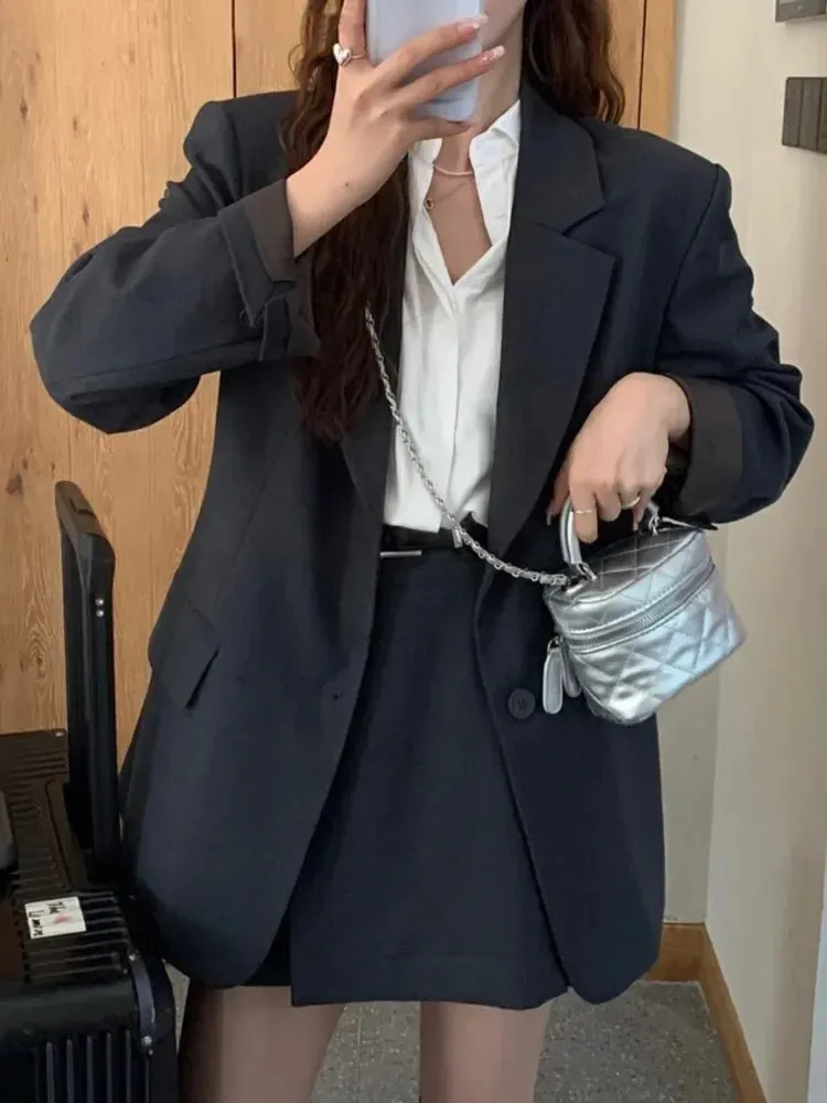 srczz Korean Fashion Women Vintage Chic Blazer Two Pieces Set Casual Loose Jackets Coat Mini Skirts Suit Female Elegant Formal Outfits