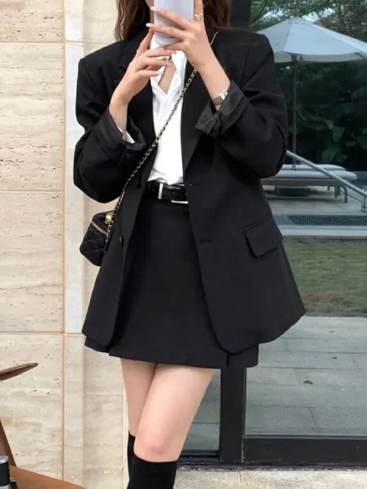 srczz Korean Fashion Women Vintage Chic Blazer Two Pieces Set Casual Loose Jackets Coat Mini Skirts Suit Female Elegant Formal Outfits